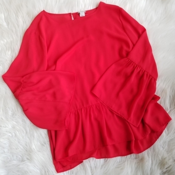 J. Crew Tomato Red Bell Sleeve Flowy Floaty Peplum Top Women's XS Feminine EUC - Picture 3 of 6